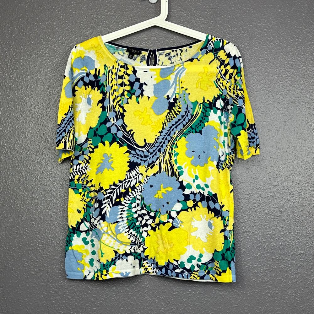 TALBOTS Medium Petite Cotton FLORAL Lightweight Sweater Knit Top Yellow